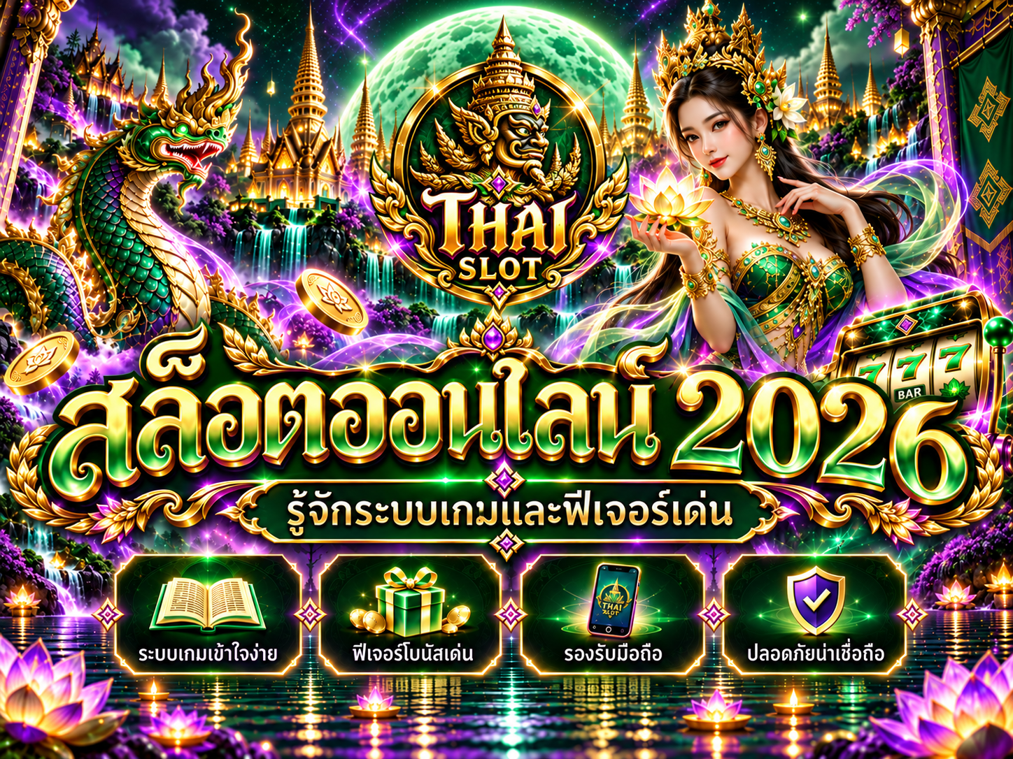 หน้าจอเกมสล็อตสมมติสำหรับอธิบายสัญลักษณ์และกติกา